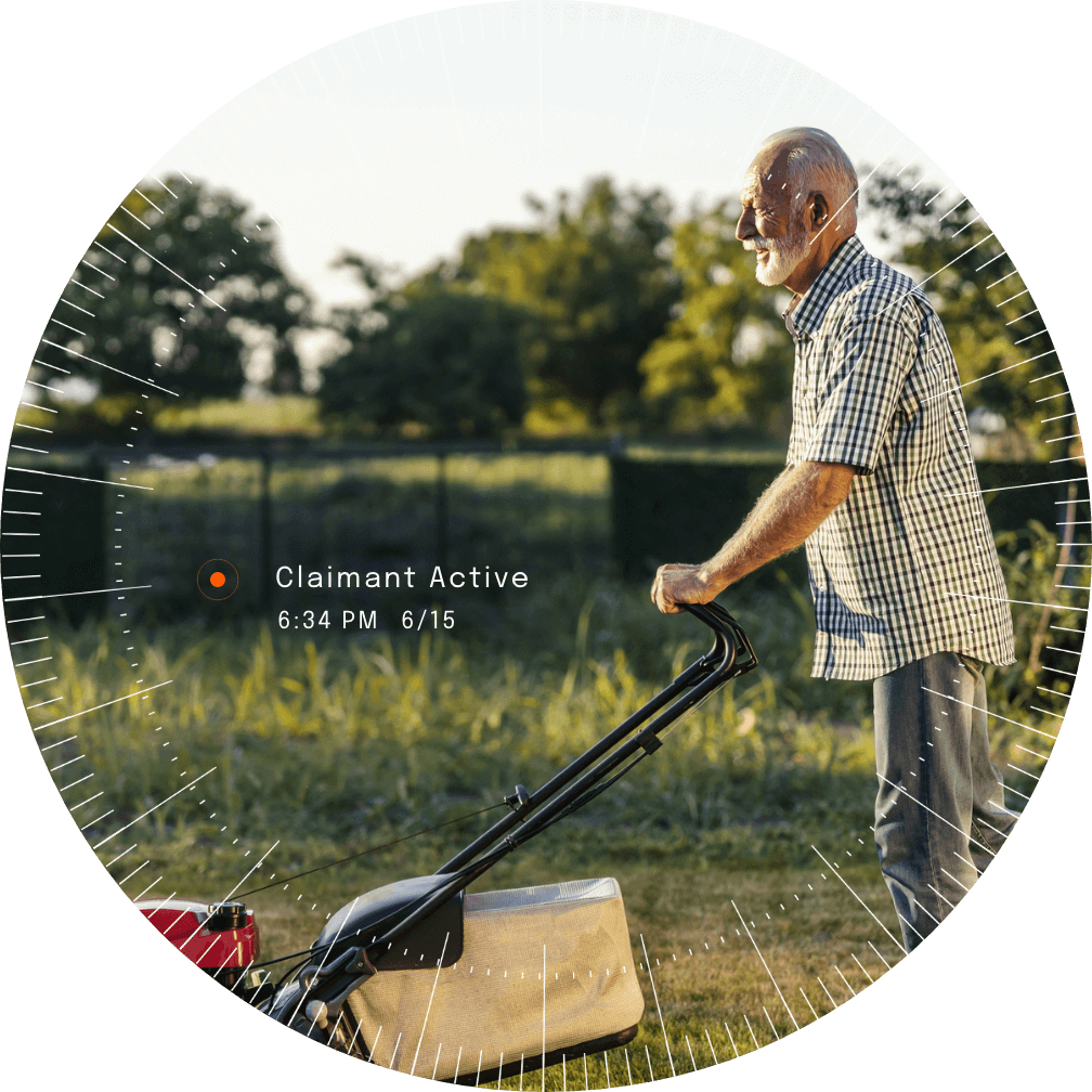 Surveillance over an elderly man mowing his lawn. Labeling details such as hour and date