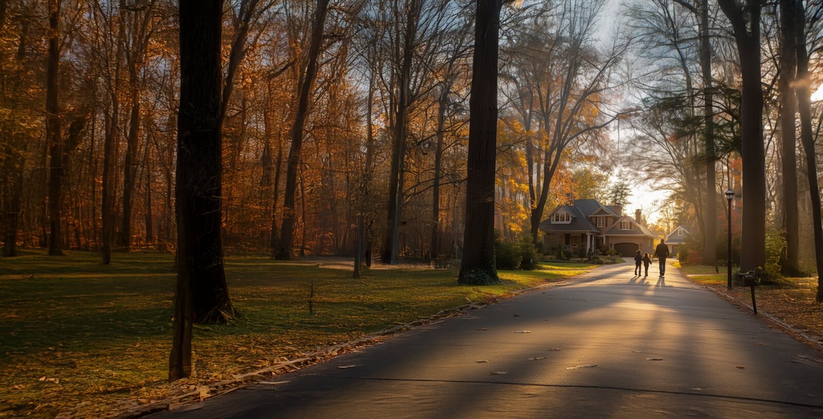 Autumn suburban street at sunset with people walking past home, golden light filtering through trees