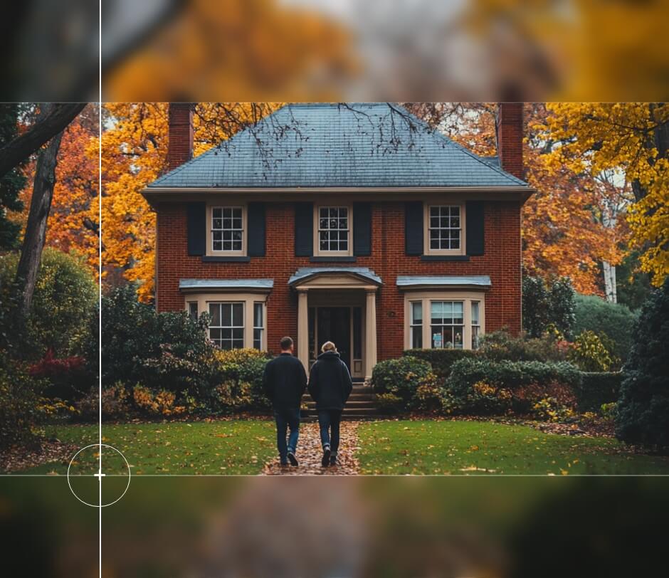 Two people walking to a house surrounded by abundant vegetation in a autumn setting.