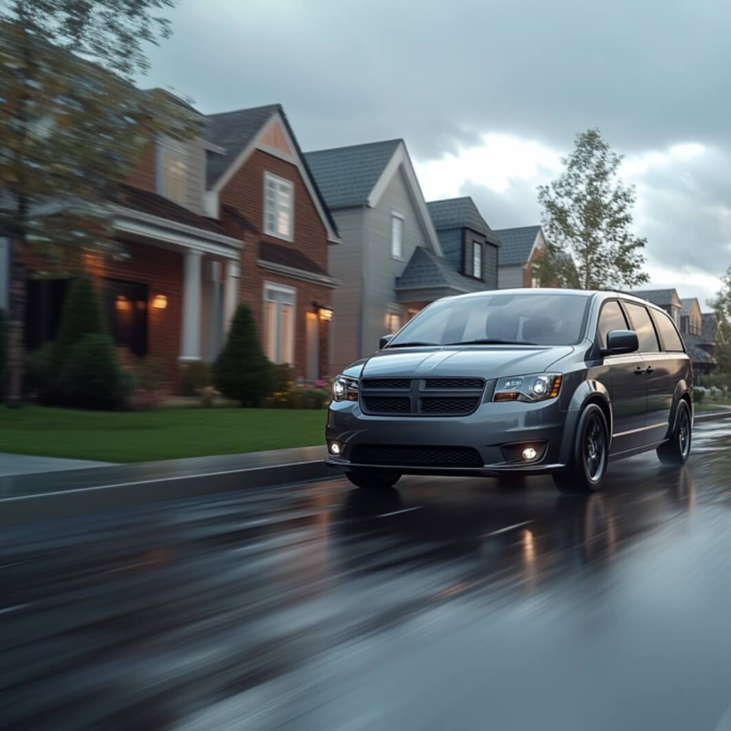 A Manned Surveillance vehicle travels down a slick, wet suburban street.