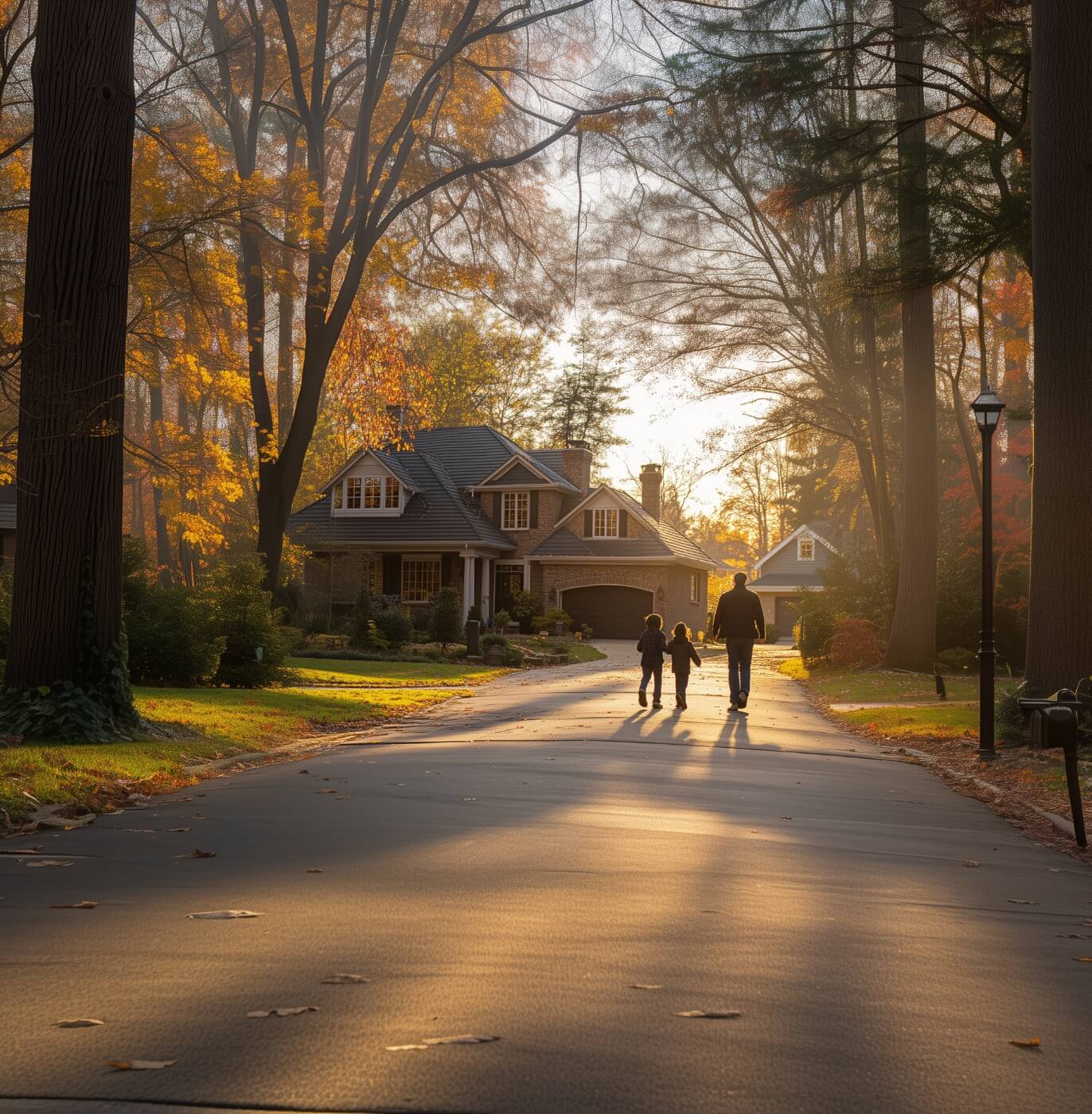 Autumn suburban street at sunset with people walking past home, golden light filtering through trees