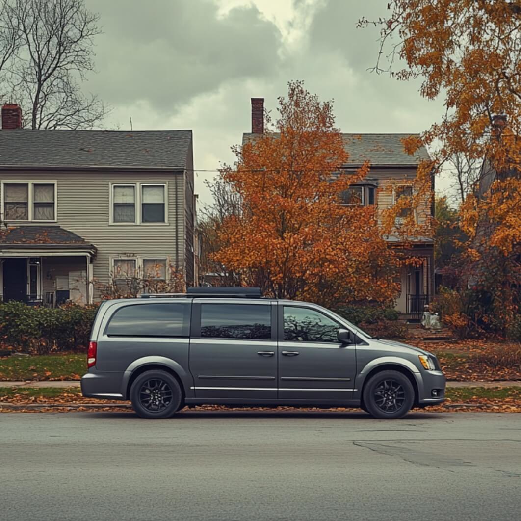 A grey van from the is parked in front of a row of residential houses, showcasing the Unmanned Surveillance service