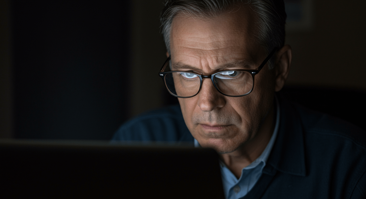 Middle-aged man in glasses focused on computer screen in dark room, lit by blue monitor light