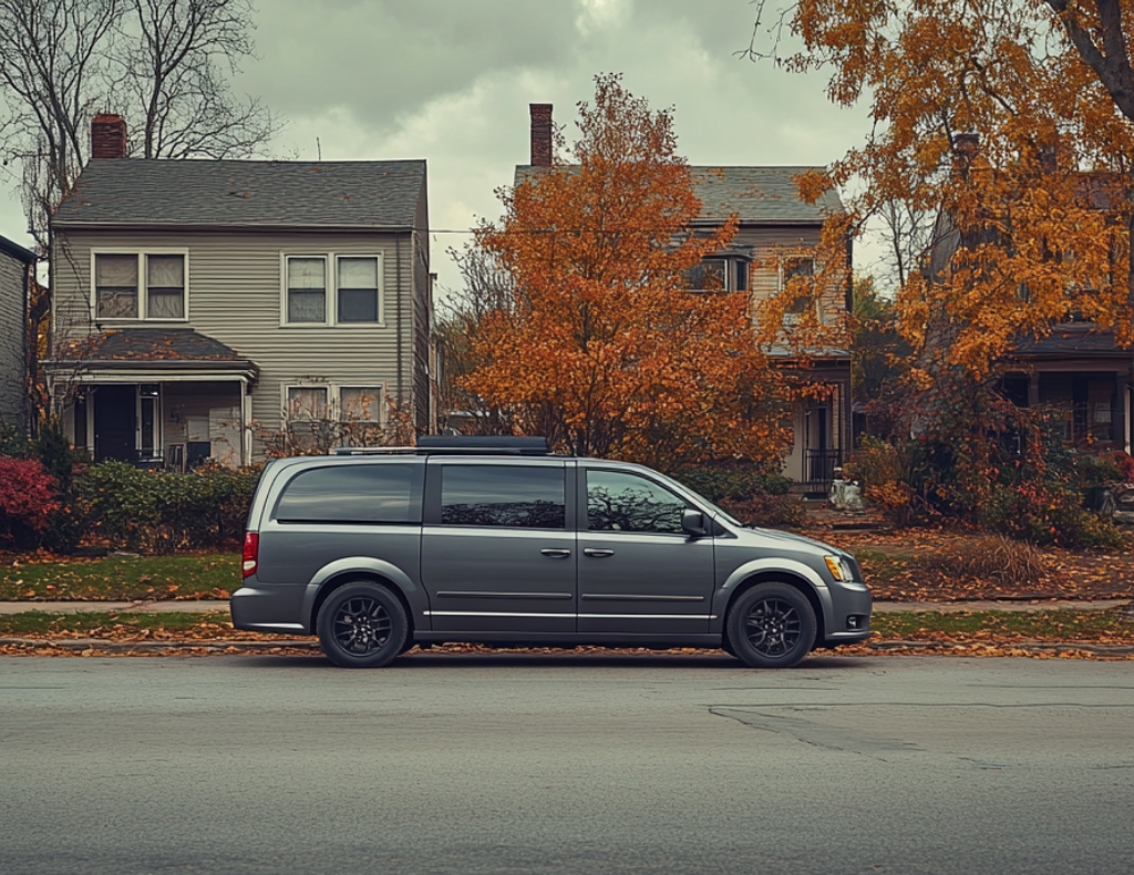 A grey van from the is parked in front of a row of residential houses, showcasing the Unmanned Surveillance service